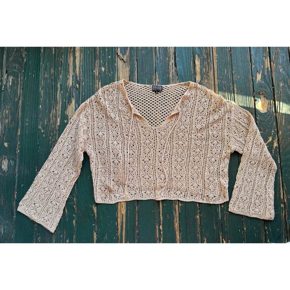 Major Label Group Tan Crochet Knit Cropped Sweater Bell Sleeve V-Neck XL Boho